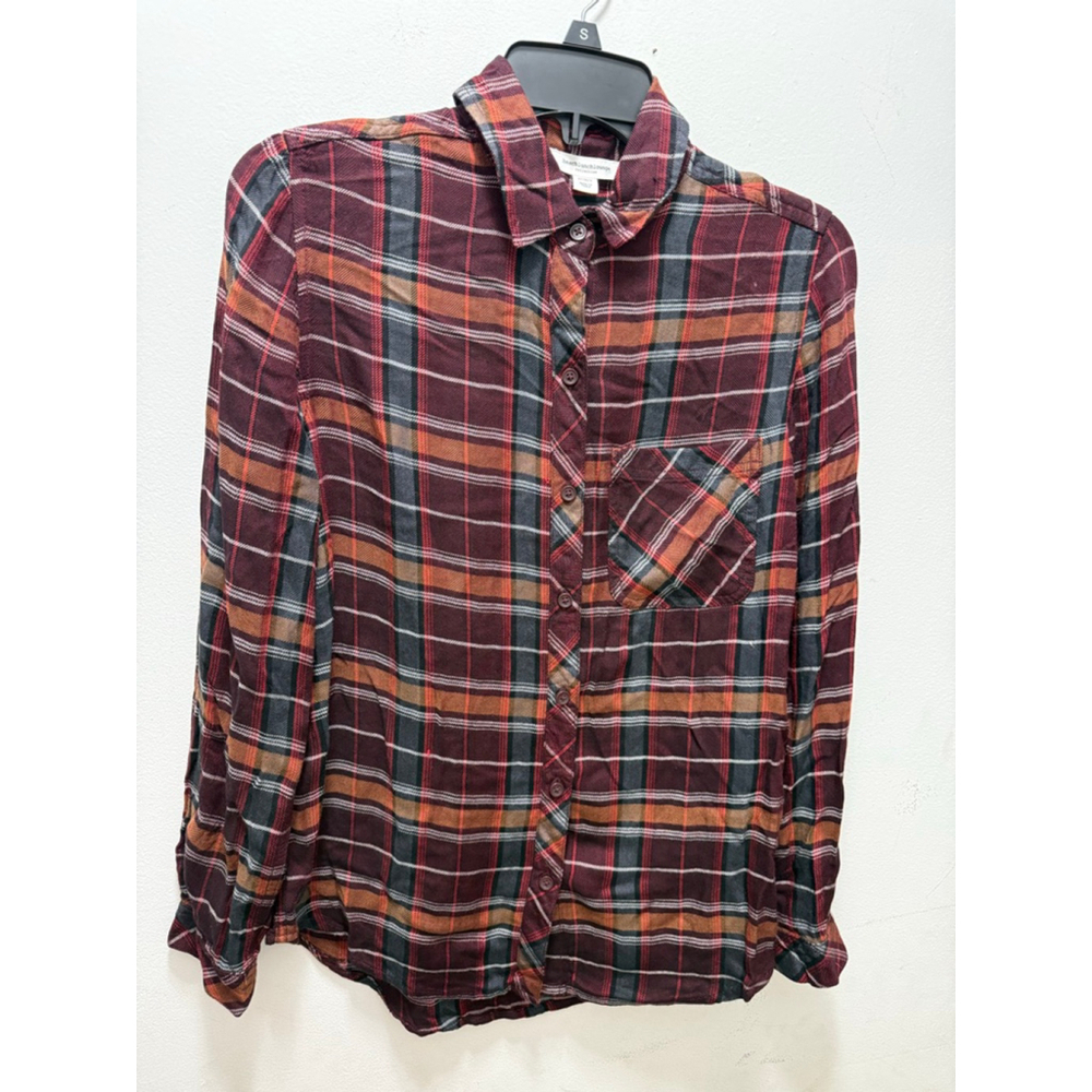 Women's beachlunchlounge Plaid Button Down Shirt S Burgundy Orange